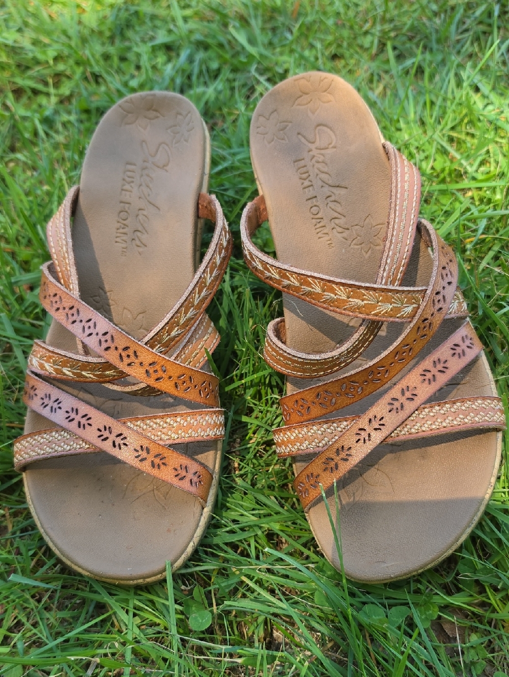 Skechers Tan Multi-Strap Slide Sandals with Cork Wedge Heel Size 6.5